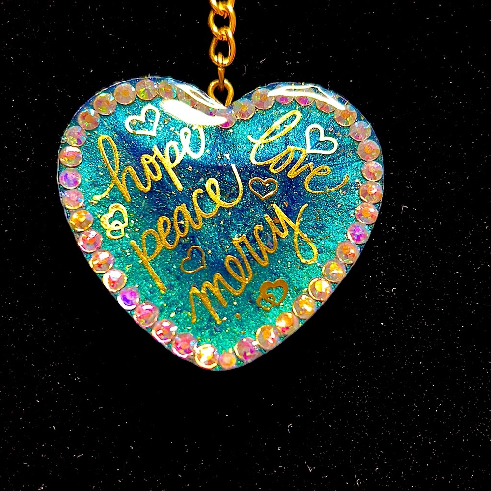 Resin keychain: “Hope, Love, Peace, Mercy”